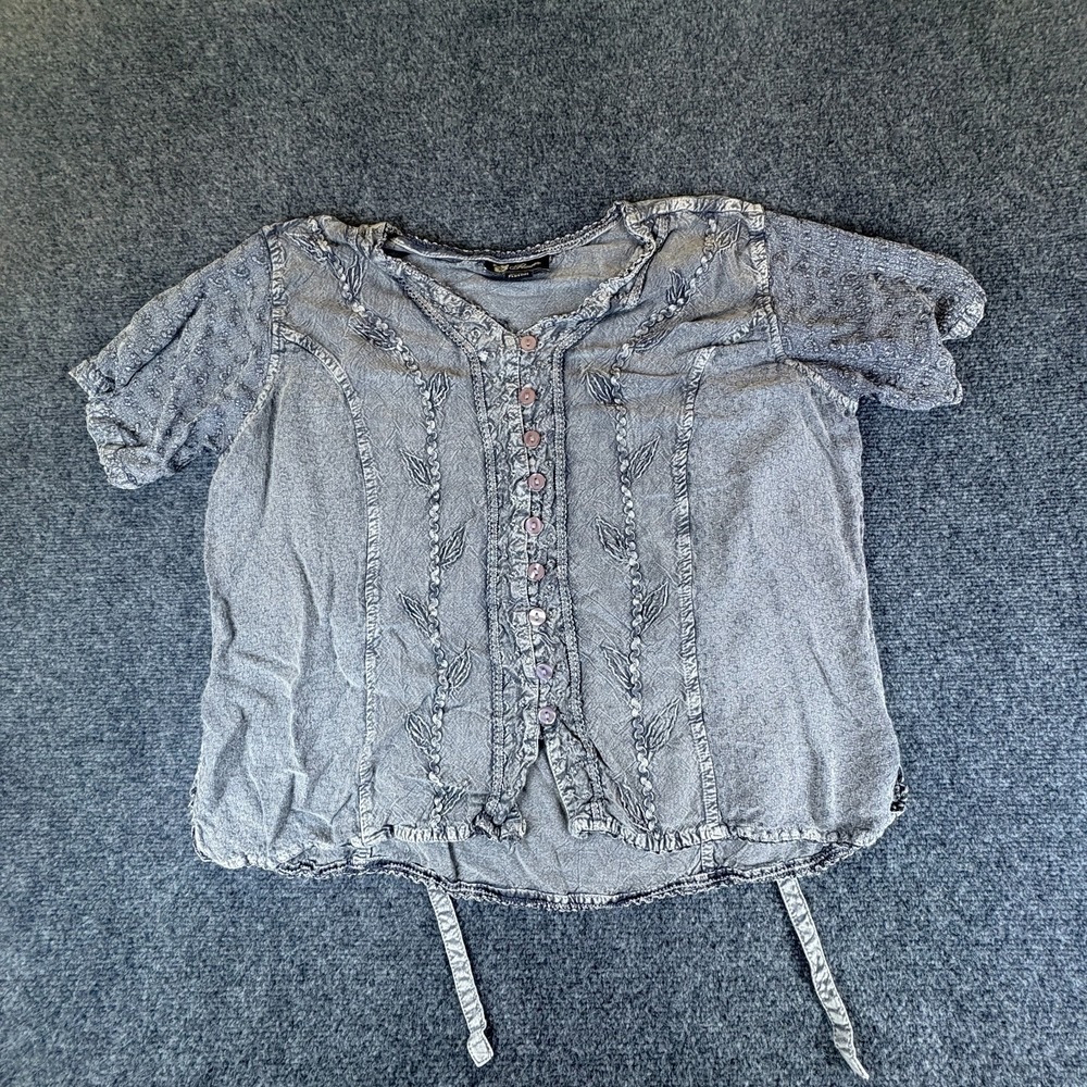 Flower Blouse Top Women L Gray Textured Leaf Embroidered Rayon Button Front READ